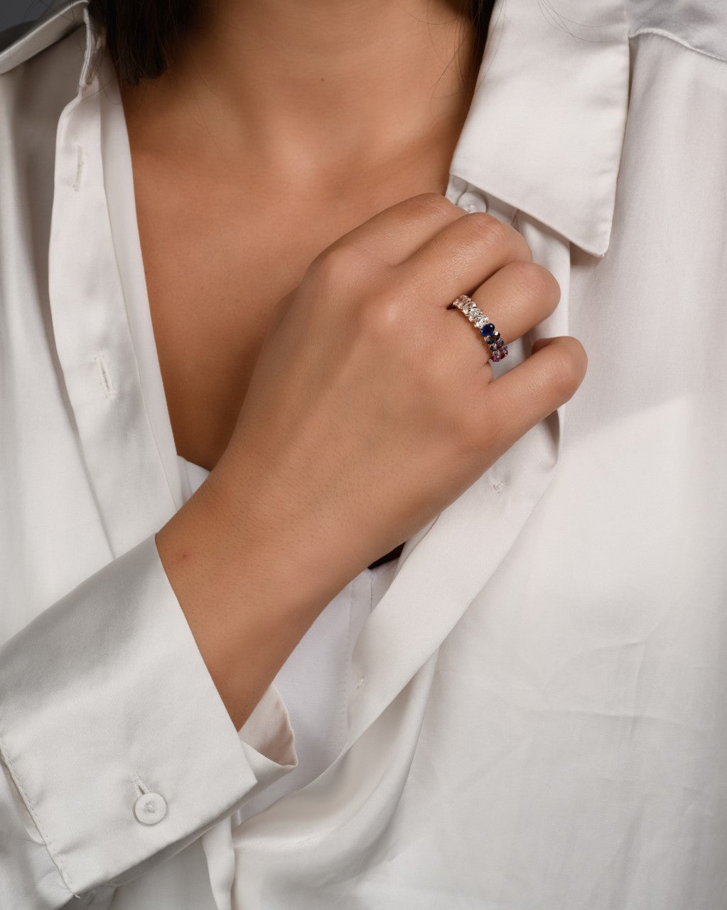 Oval Cut Eternity Diamonds-Sapphire Ring