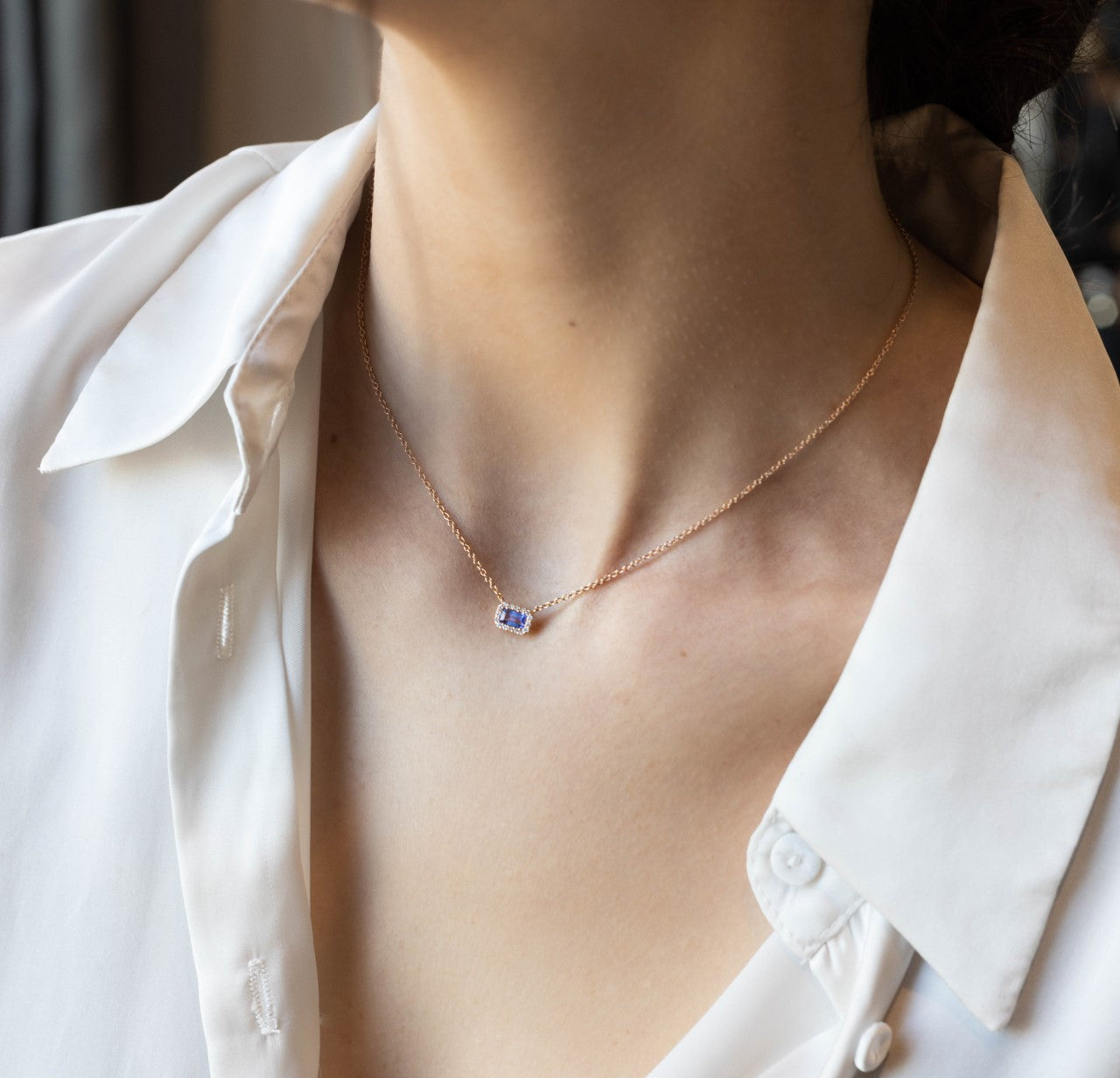 Emerald Cut Halo Diamond Necklace